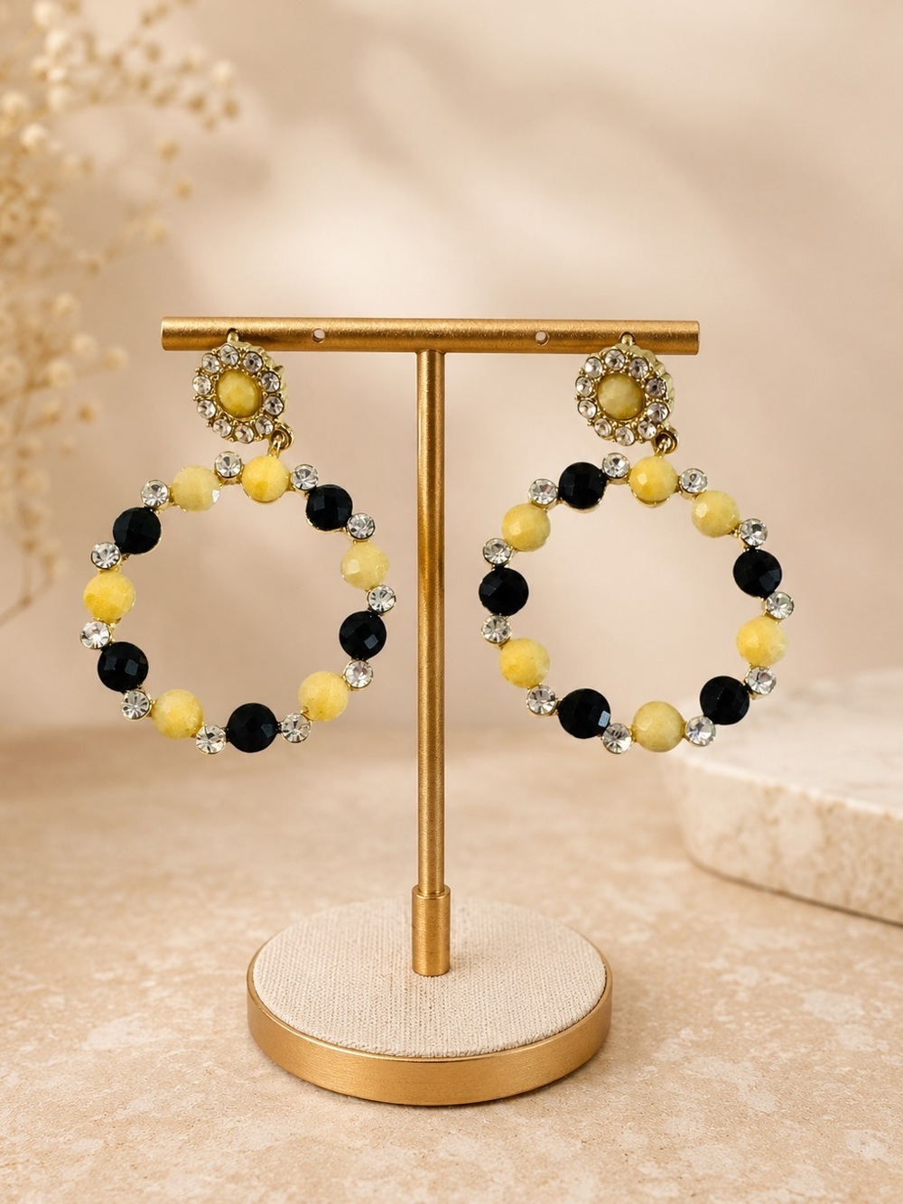 Amrita Singh Gold Tone Beaded Hoop Statement Earrings Black Yellow Rhinestone